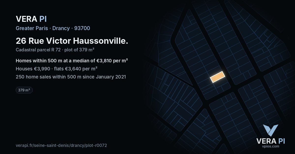 26 Rue Victor Haussonville, Drancy at night – the plot lit, the parcels around coloured by the prices near them