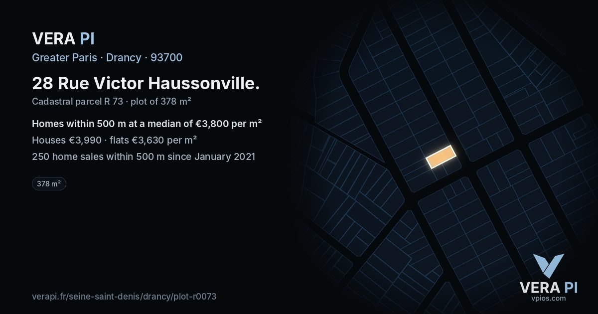28 Rue Victor Haussonville, Drancy at night – the plot lit, the parcels around coloured by the prices near them
