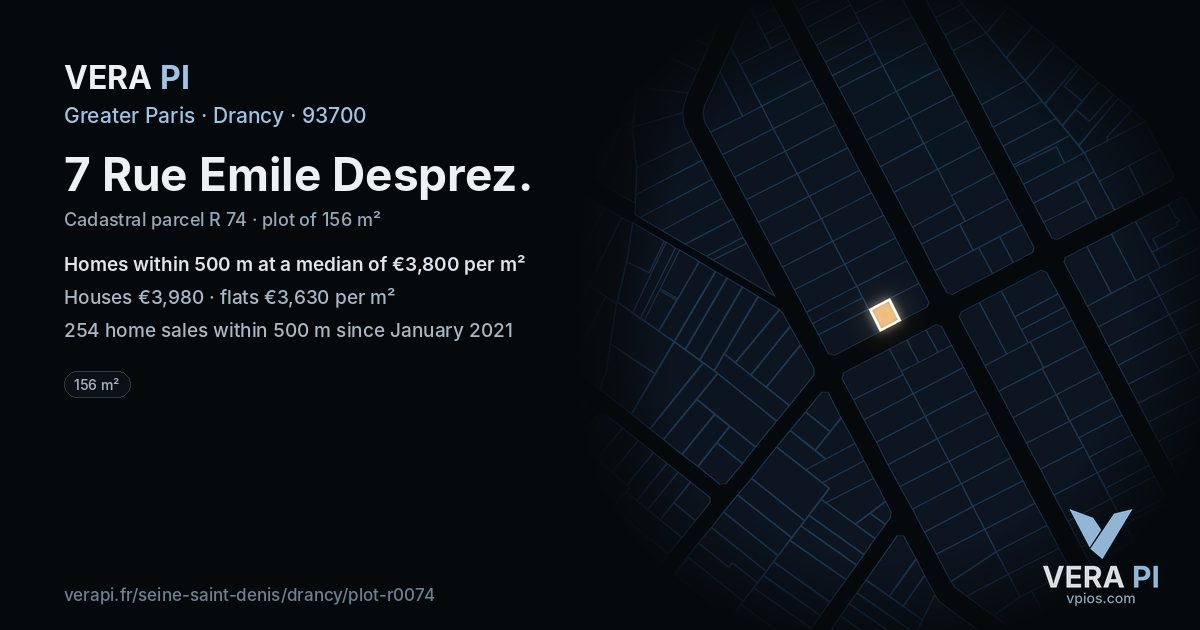7 Rue Emile Desprez, Drancy at night – the plot lit, the parcels around coloured by the prices near them