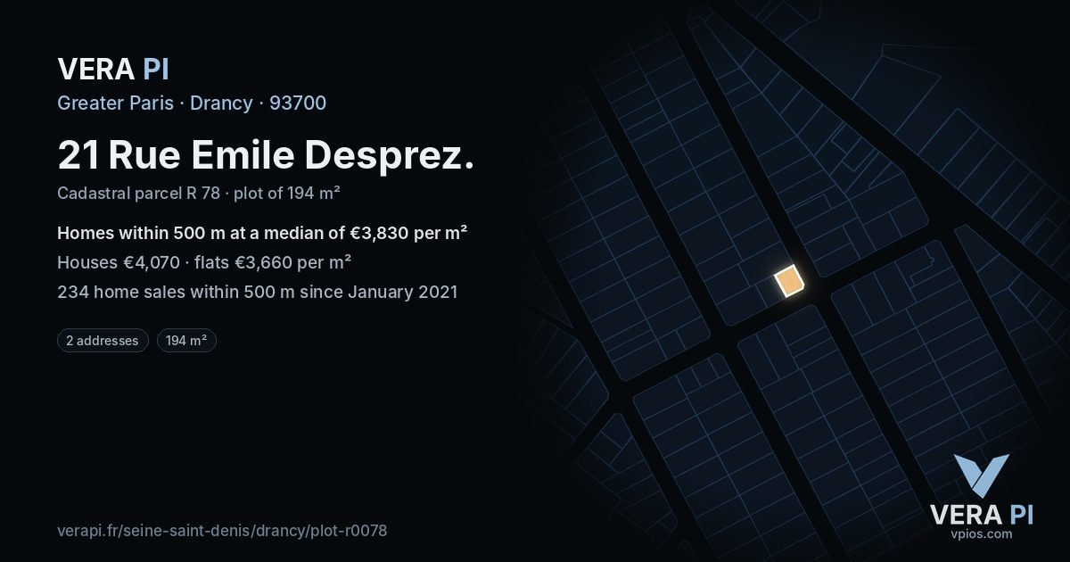 21 Rue Emile Desprez, Drancy at night – the plot lit, the parcels around coloured by the prices near them