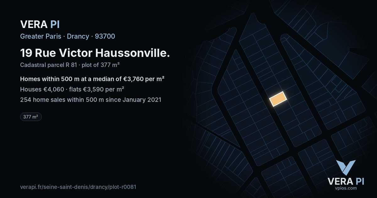 19 Rue Victor Haussonville, Drancy at night – the plot lit, the parcels around coloured by the prices near them