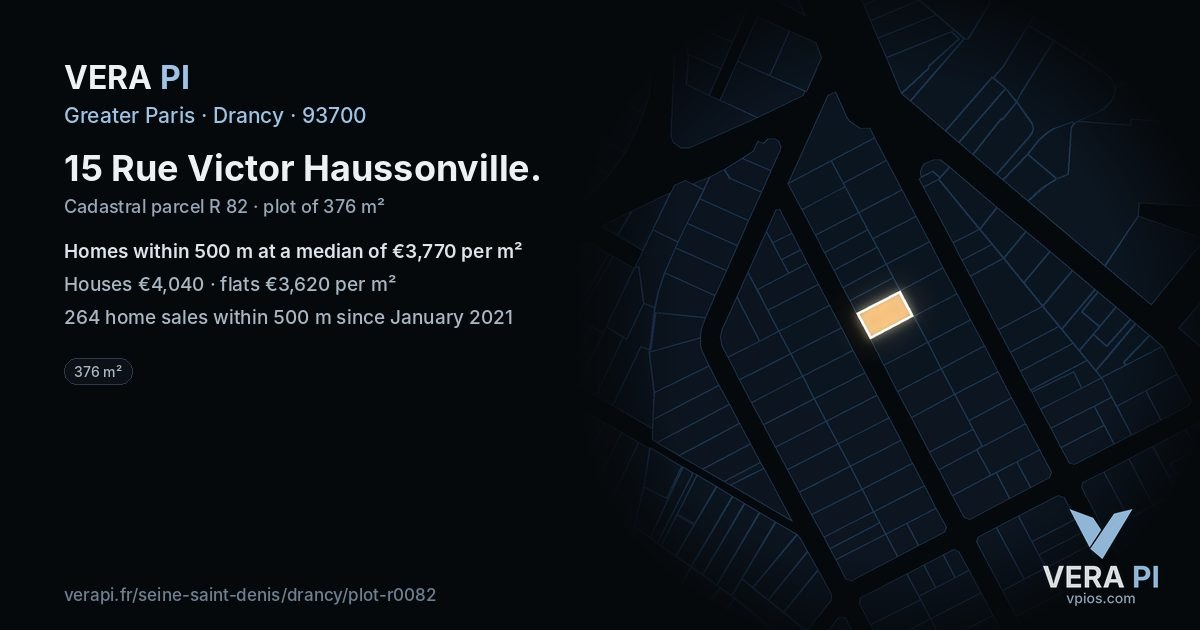 15 Rue Victor Haussonville, Drancy at night – the plot lit, the parcels around coloured by the prices near them