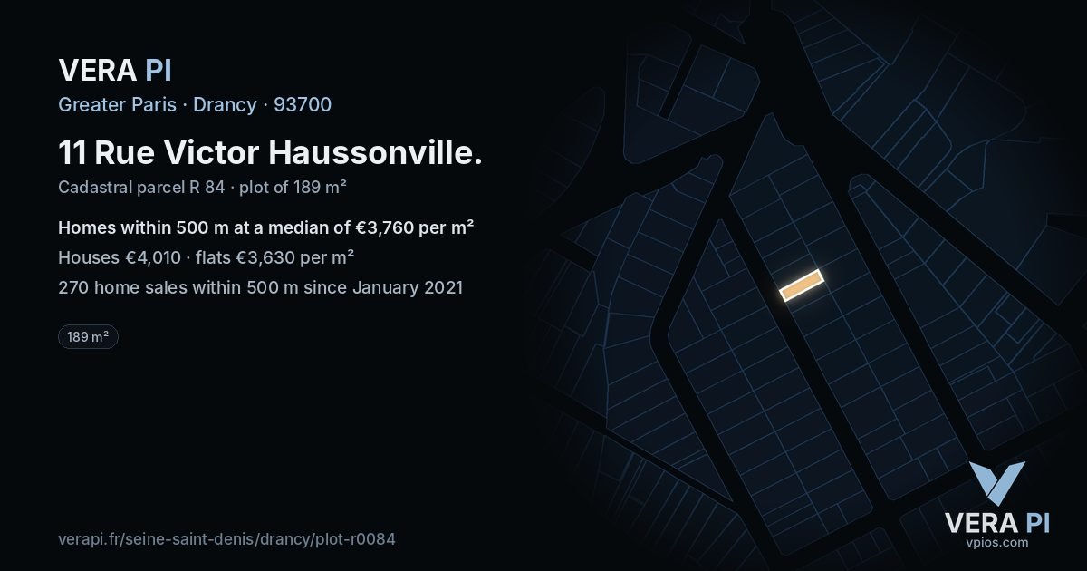 11 Rue Victor Haussonville, Drancy at night – the plot lit, the parcels around coloured by the prices near them