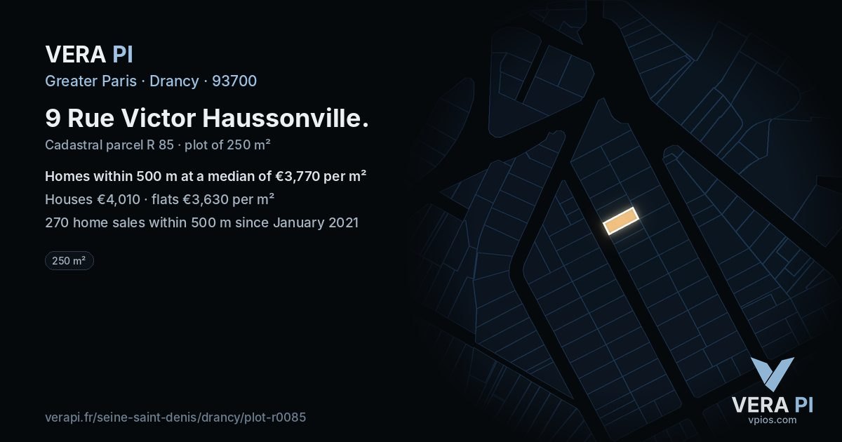 9 Rue Victor Haussonville, Drancy at night – the plot lit, the parcels around coloured by the prices near them
