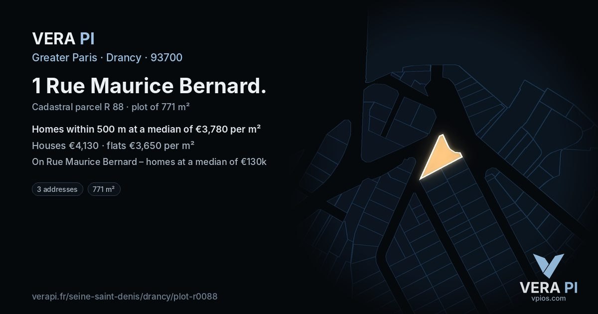 1 Rue Maurice Bernard, Drancy at night – the plot lit, the parcels around coloured by the prices near them