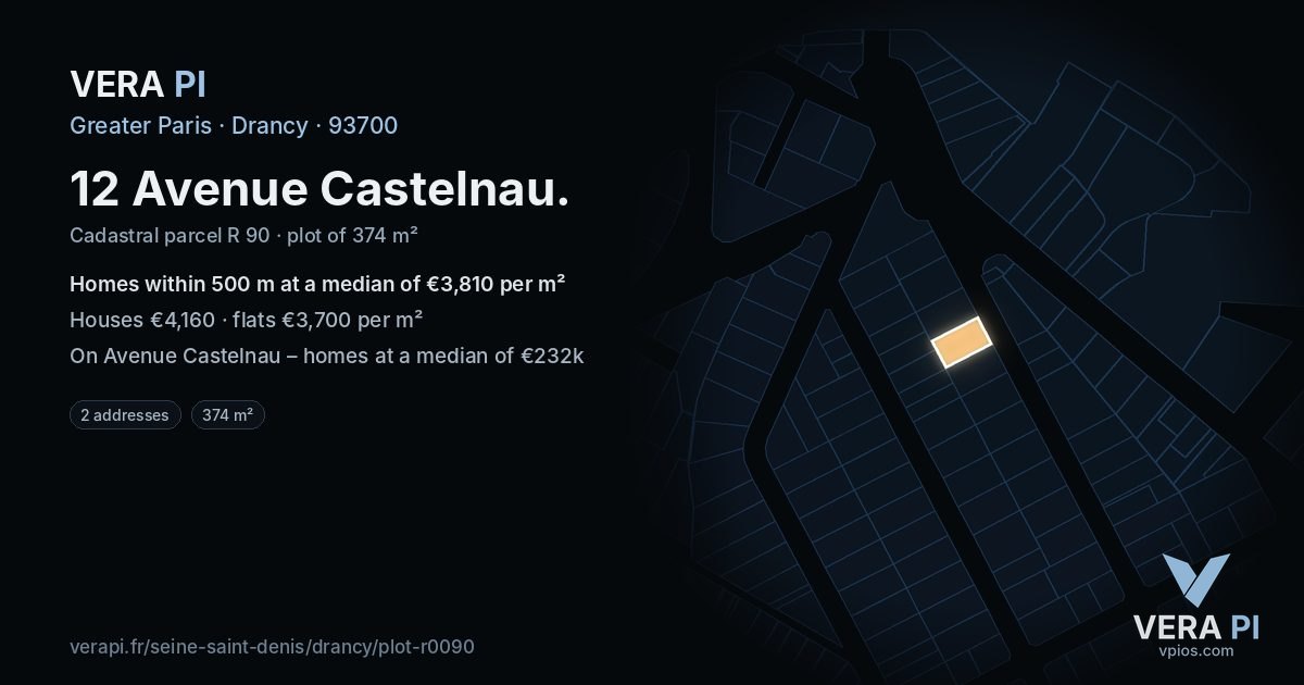 12 Avenue Castelnau, Drancy at night – the plot lit, the parcels around coloured by the prices near them