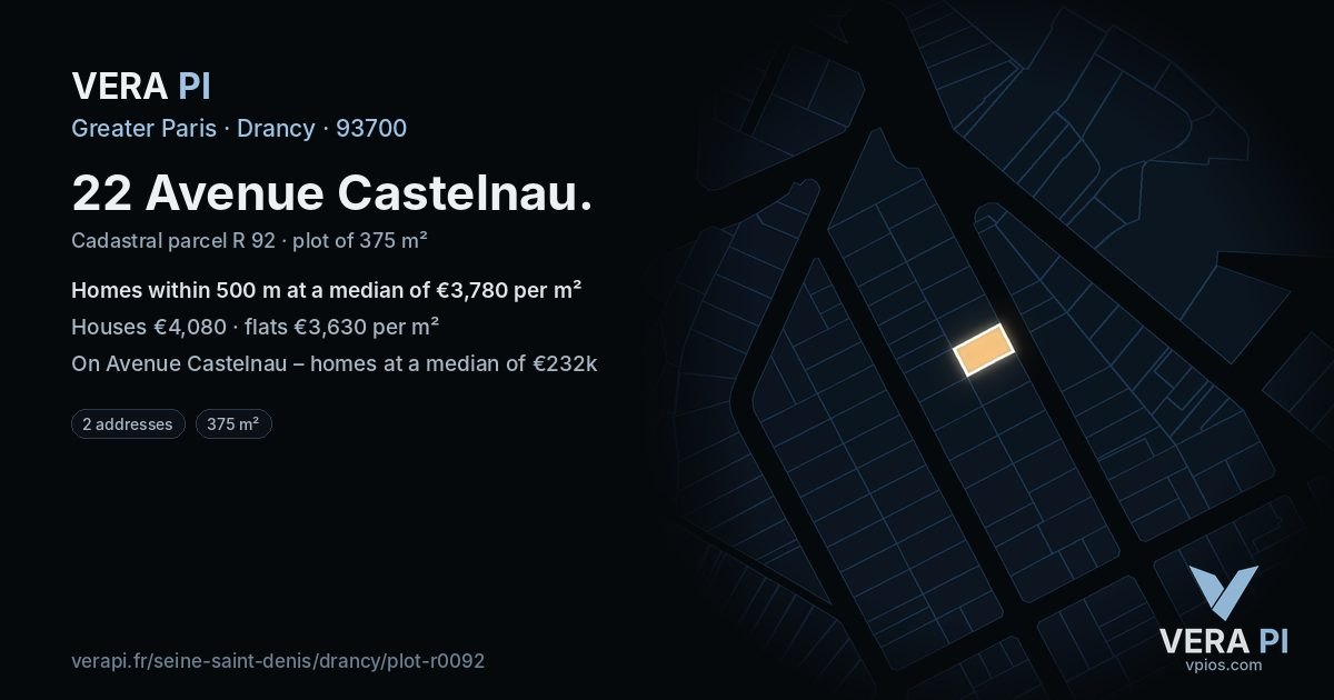 22 Avenue Castelnau, Drancy at night – the plot lit, the parcels around coloured by the prices near them