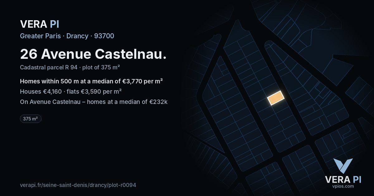 26 Avenue Castelnau, Drancy at night – the plot lit, the parcels around coloured by the prices near them