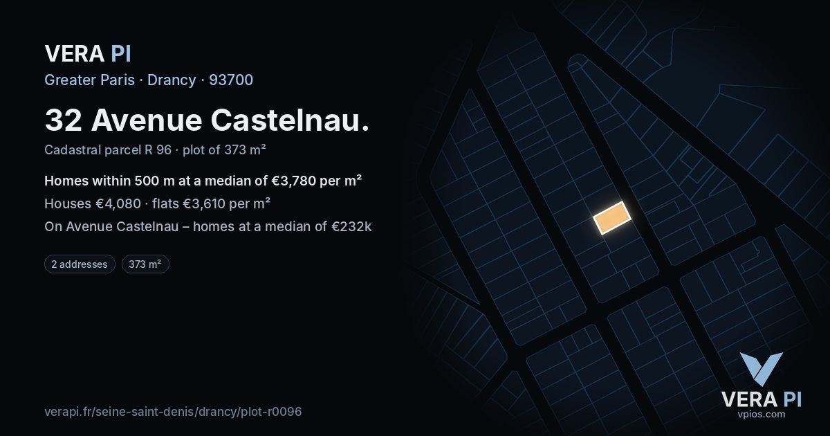 32 Avenue Castelnau, Drancy at night – the plot lit, the parcels around coloured by the prices near them
