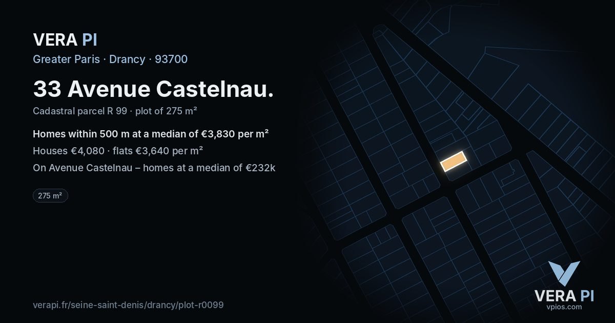 33 Avenue Castelnau, Drancy at night – the plot lit, the parcels around coloured by the prices near them