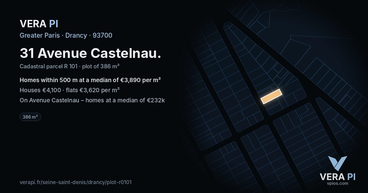 31 Avenue Castelnau, Drancy at night – the plot lit, the parcels around coloured by the prices near them