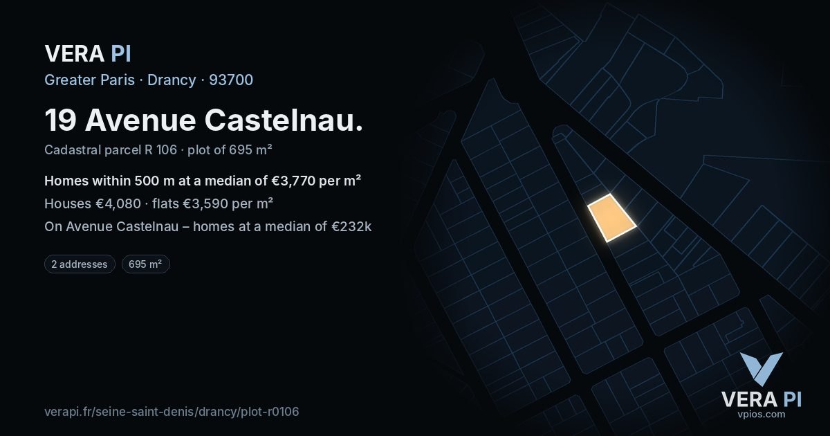 19 Avenue Castelnau, Drancy at night – the plot lit, the parcels around coloured by the prices near them