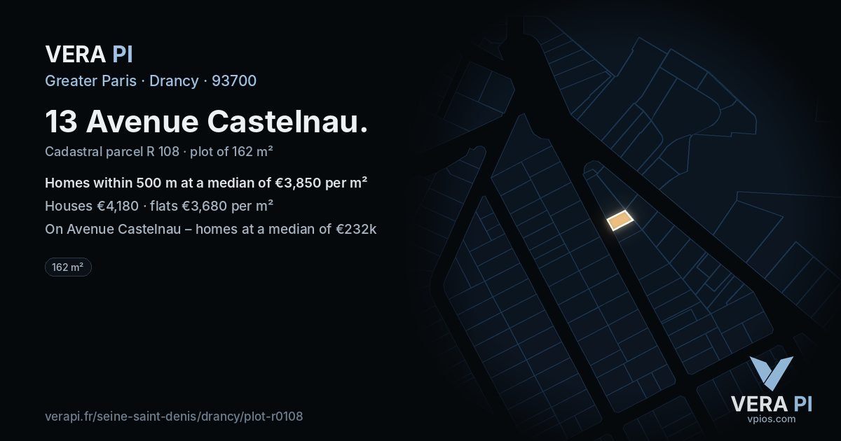13 Avenue Castelnau, Drancy at night – the plot lit, the parcels around coloured by the prices near them
