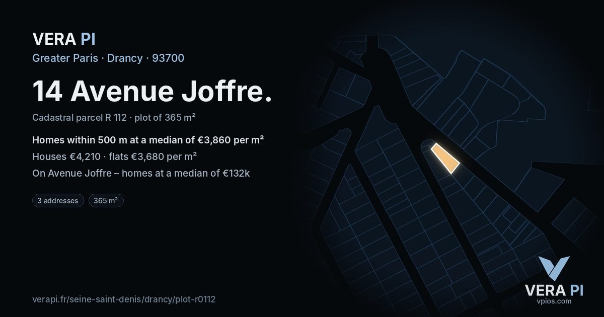 14 Avenue Joffre, Drancy at night – the plot lit, the parcels around coloured by the prices near them
