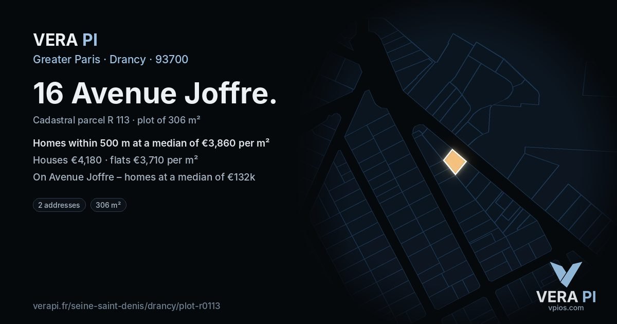 16 Avenue Joffre, Drancy at night – the plot lit, the parcels around coloured by the prices near them