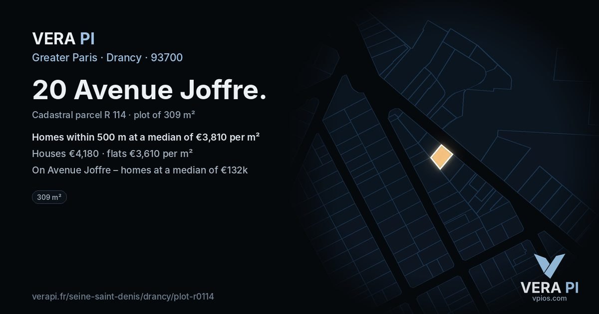 20 Avenue Joffre, Drancy at night – the plot lit, the parcels around coloured by the prices near them