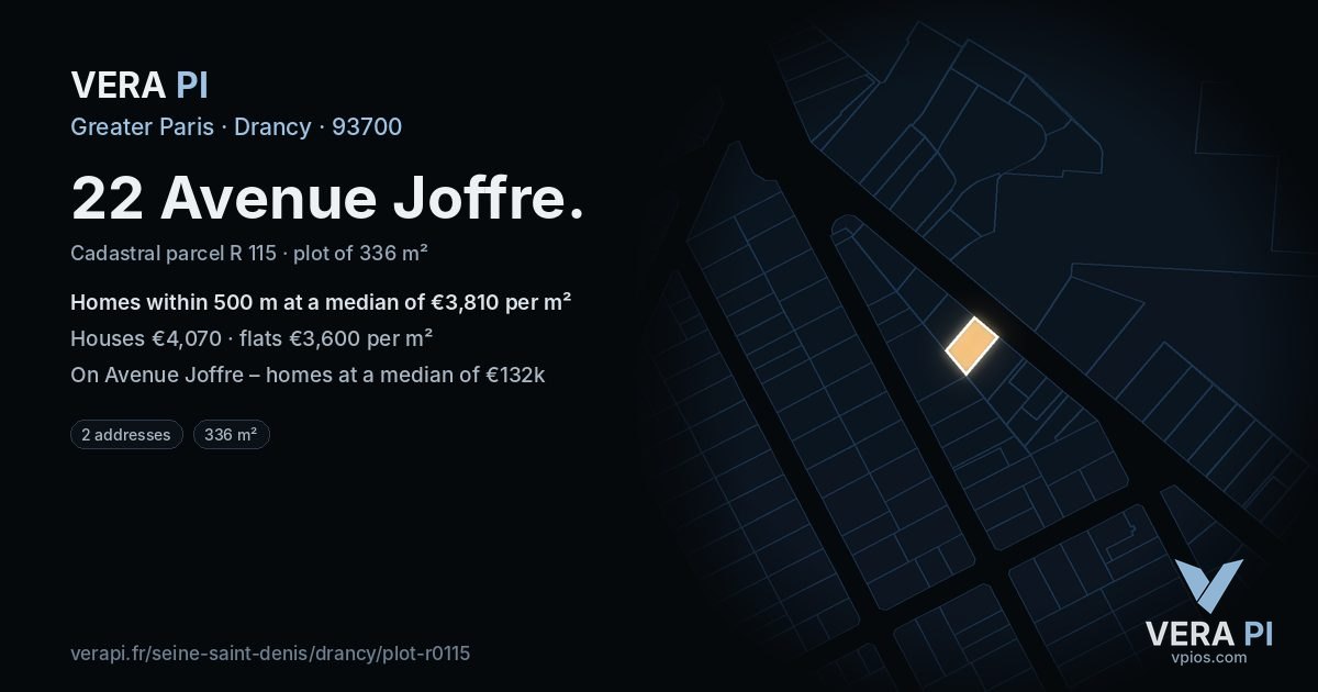 22 Avenue Joffre, Drancy at night – the plot lit, the parcels around coloured by the prices near them