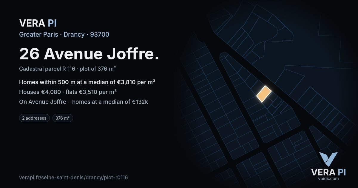 26 Avenue Joffre, Drancy at night – the plot lit, the parcels around coloured by the prices near them