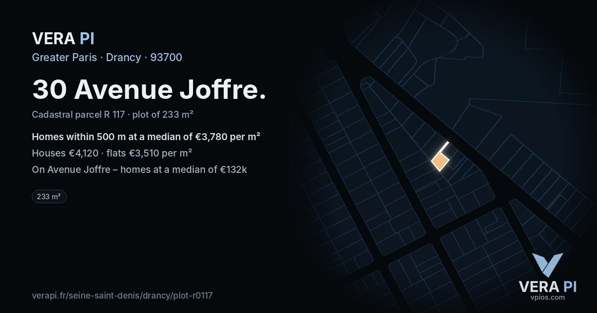30 Avenue Joffre, Drancy at night – the plot lit, the parcels around coloured by the prices near them