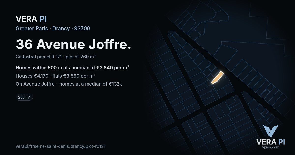 36 Avenue Joffre, Drancy at night – the plot lit, the parcels around coloured by the prices near them