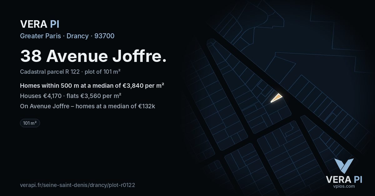 38 Avenue Joffre, Drancy at night – the plot lit, the parcels around coloured by the prices near them