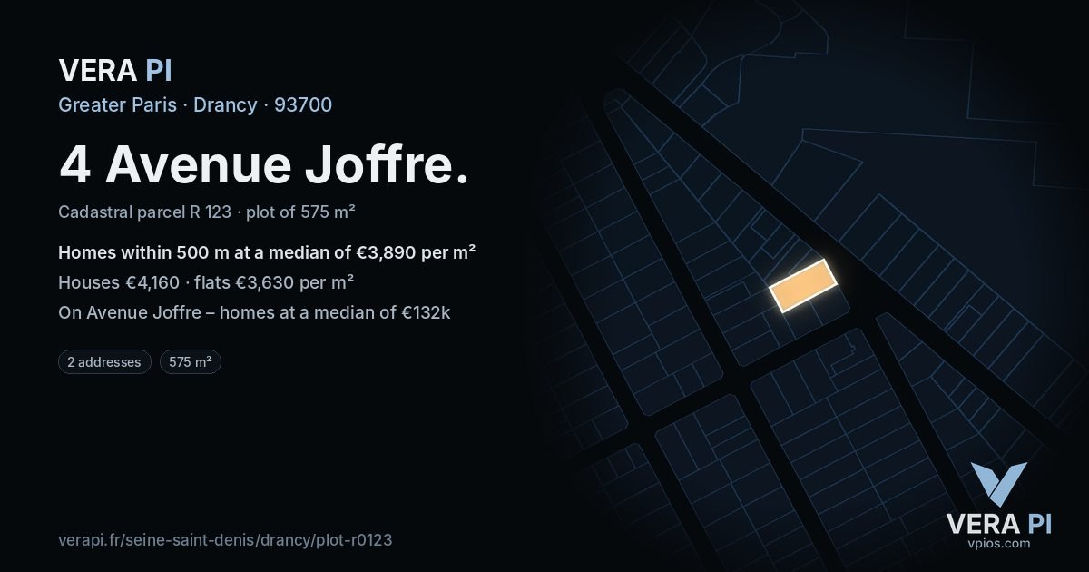 4 Avenue Joffre, Drancy at night – the plot lit, the parcels around coloured by the prices near them