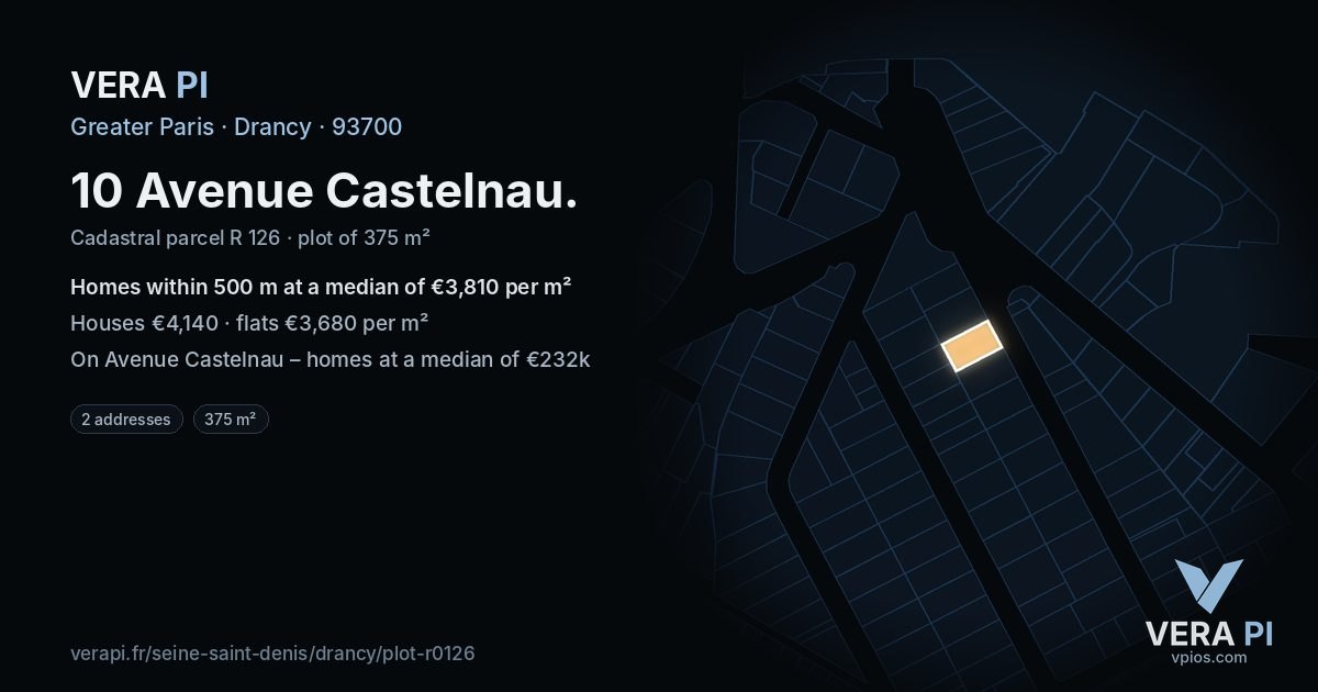 10 Avenue Castelnau, Drancy at night – the plot lit, the parcels around coloured by the prices near them