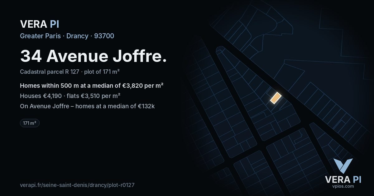 34 Avenue Joffre, Drancy at night – the plot lit, the parcels around coloured by the prices near them