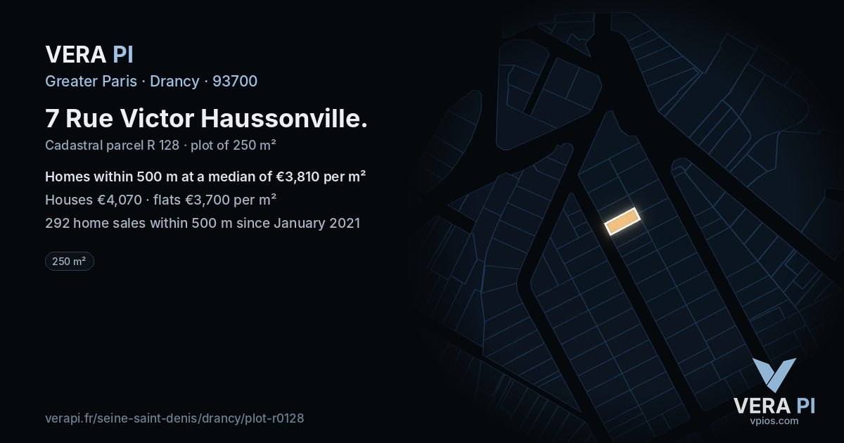 7 Rue Victor Haussonville, Drancy at night – the plot lit, the parcels around coloured by the prices near them