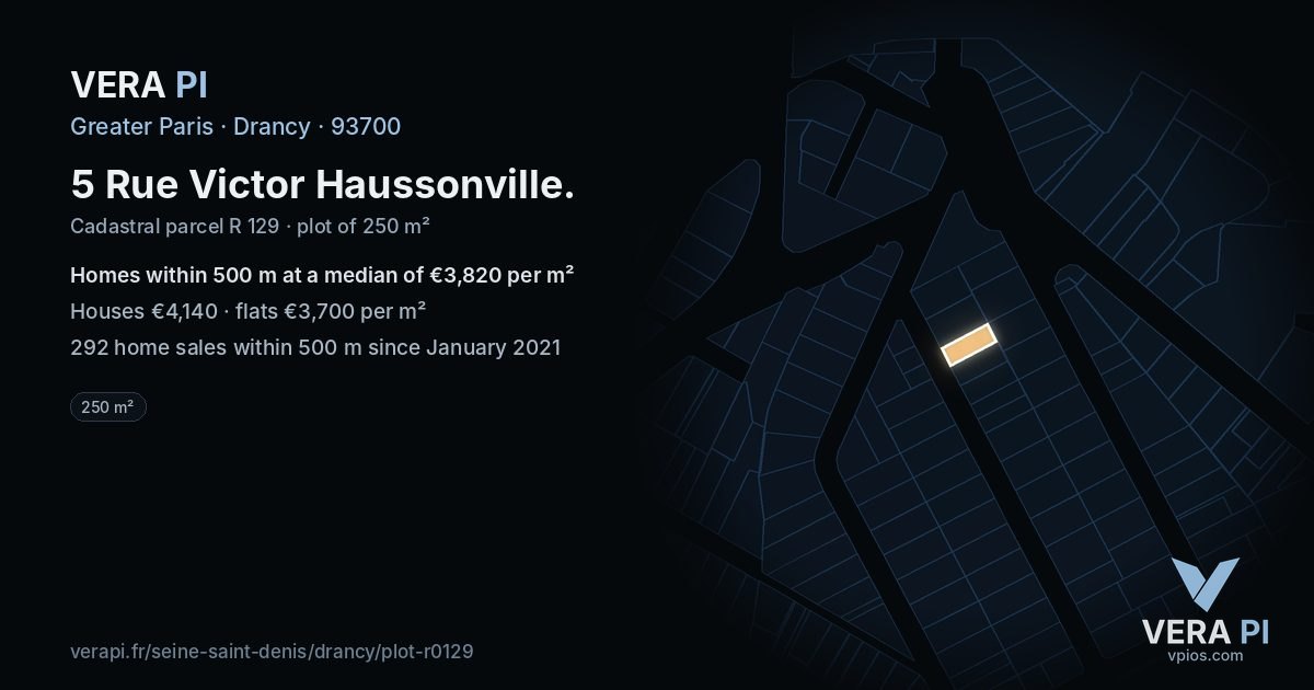 5 Rue Victor Haussonville, Drancy at night – the plot lit, the parcels around coloured by the prices near them