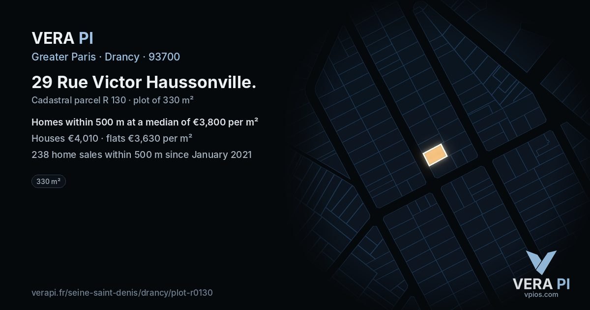 29 Rue Victor Haussonville, Drancy at night – the plot lit, the parcels around coloured by the prices near them