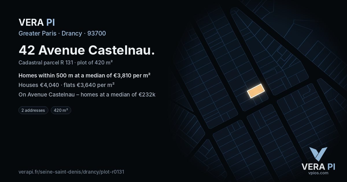 42 Avenue Castelnau, Drancy at night – the plot lit, the parcels around coloured by the prices near them