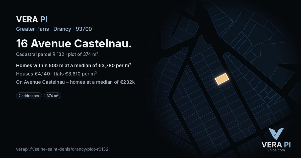 16 Avenue Castelnau, Drancy at night – the plot lit, the parcels around coloured by the prices near them