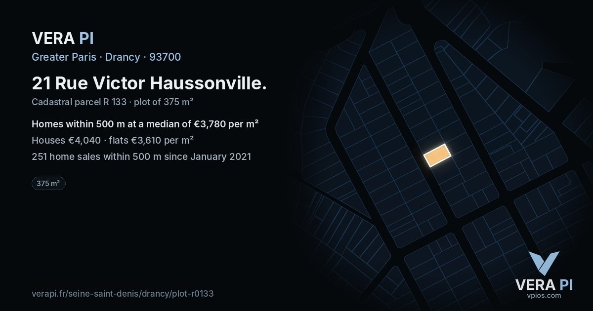 21 Rue Victor Haussonville, Drancy at night – the plot lit, the parcels around coloured by the prices near them