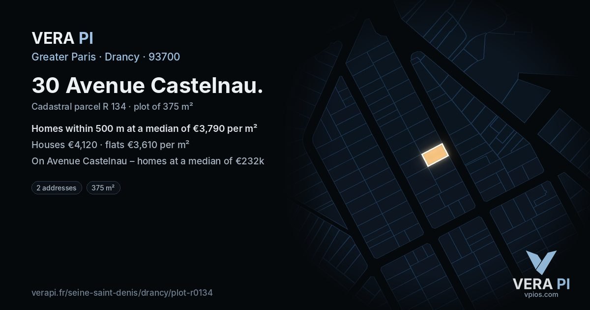 30 Avenue Castelnau, Drancy at night – the plot lit, the parcels around coloured by the prices near them