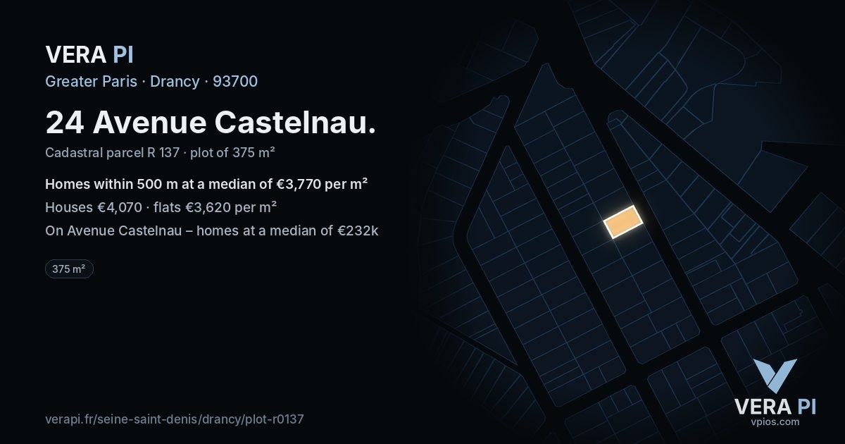 24 Avenue Castelnau, Drancy at night – the plot lit, the parcels around coloured by the prices near them