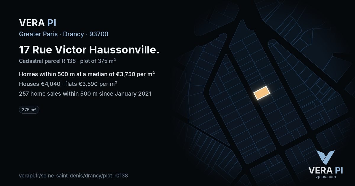 17 Rue Victor Haussonville, Drancy at night – the plot lit, the parcels around coloured by the prices near them