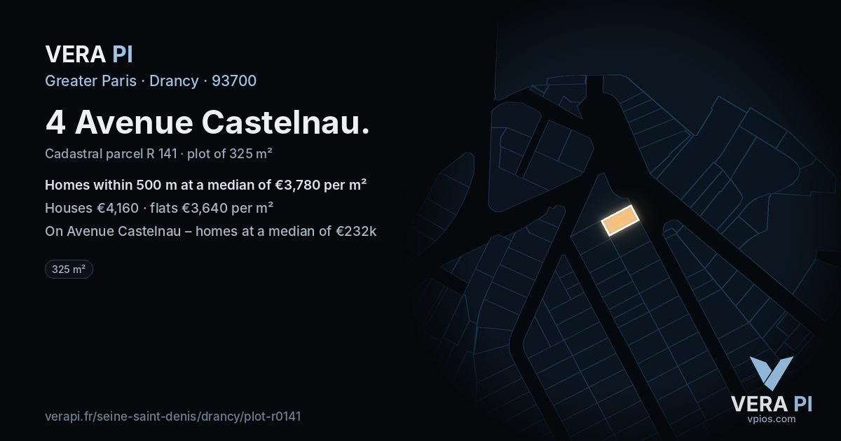 4 Avenue Castelnau, Drancy at night – the plot lit, the parcels around coloured by the prices near them