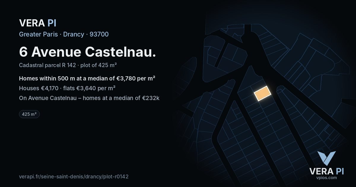 6 Avenue Castelnau, Drancy at night – the plot lit, the parcels around coloured by the prices near them