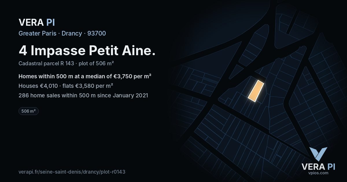 4 Impasse Petit Aine, Drancy at night – the plot lit, the parcels around coloured by the prices near them