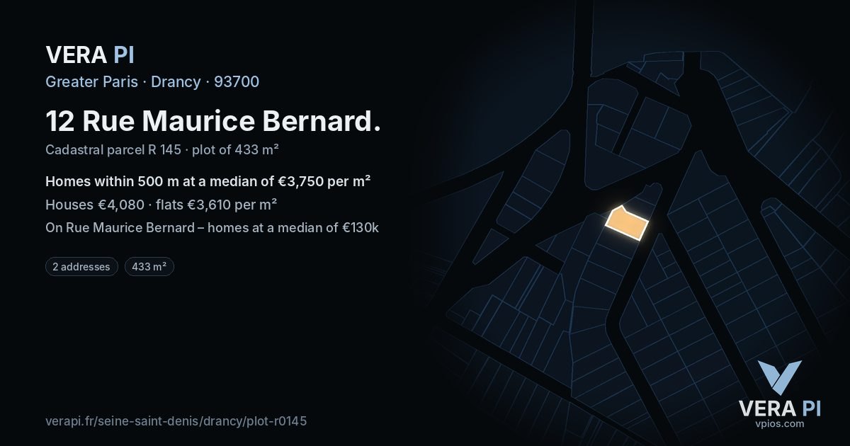 12 Rue Maurice Bernard, Drancy at night – the plot lit, the parcels around coloured by the prices near them