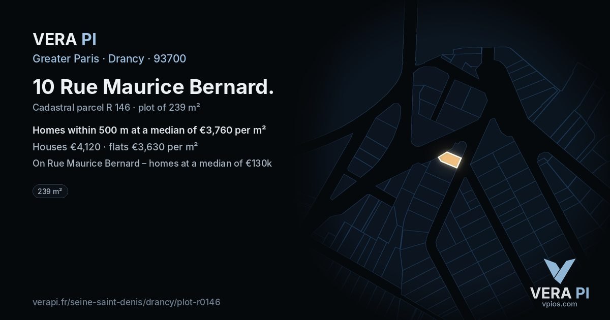 10 Rue Maurice Bernard, Drancy at night – the plot lit, the parcels around coloured by the prices near them