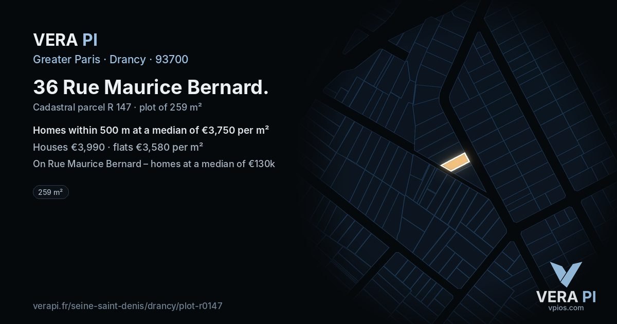 36 Rue Maurice Bernard, Drancy at night – the plot lit, the parcels around coloured by the prices near them