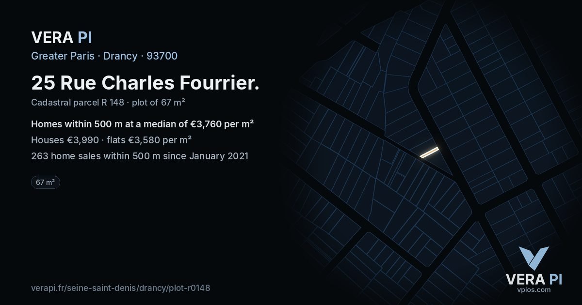 25 Rue Charles Fourrier, Drancy at night – the plot lit, the parcels around coloured by the prices near them