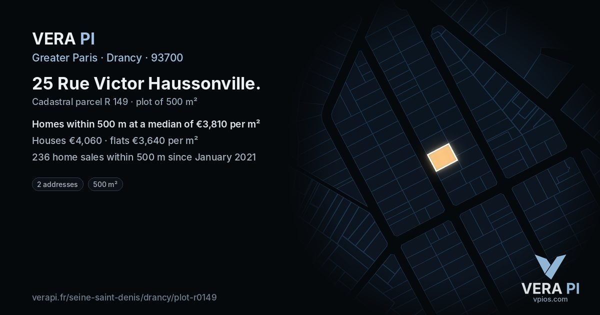 25 Rue Victor Haussonville, Drancy at night – the plot lit, the parcels around coloured by the prices near them