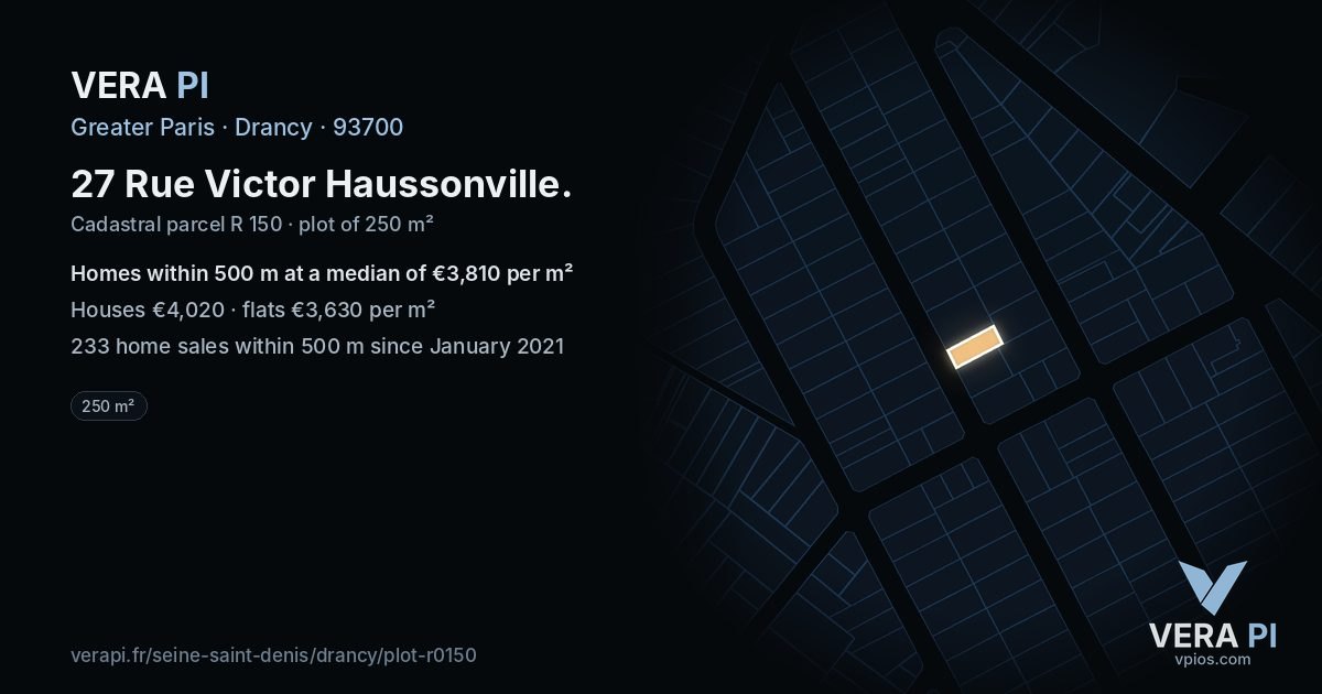 27 Rue Victor Haussonville, Drancy at night – the plot lit, the parcels around coloured by the prices near them