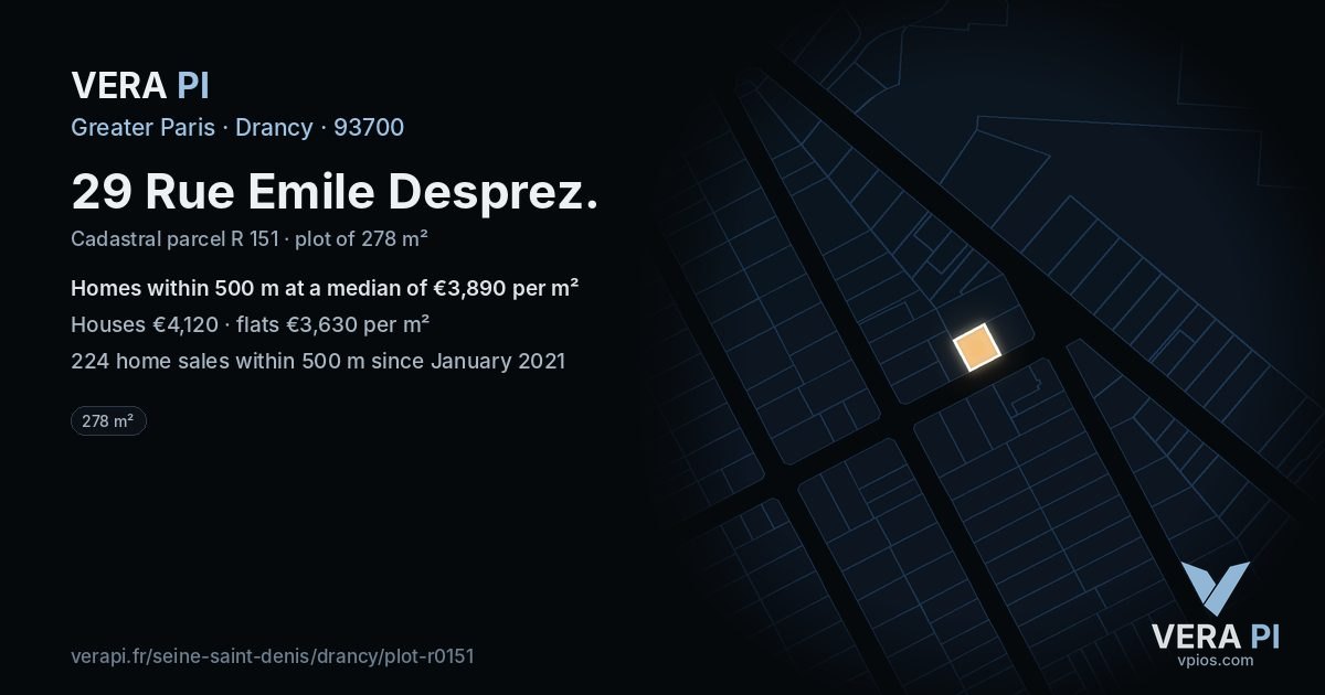 29 Rue Emile Desprez, Drancy at night – the plot lit, the parcels around coloured by the prices near them