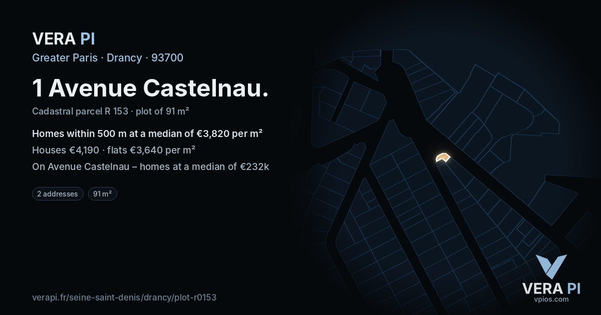 1 Avenue Castelnau, Drancy at night – the plot lit, the parcels around coloured by the prices near them