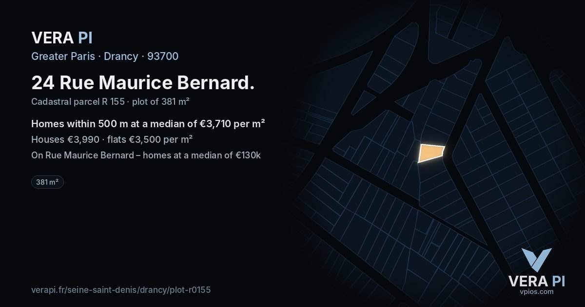 24 Rue Maurice Bernard, Drancy at night – the plot lit, the parcels around coloured by the prices near them