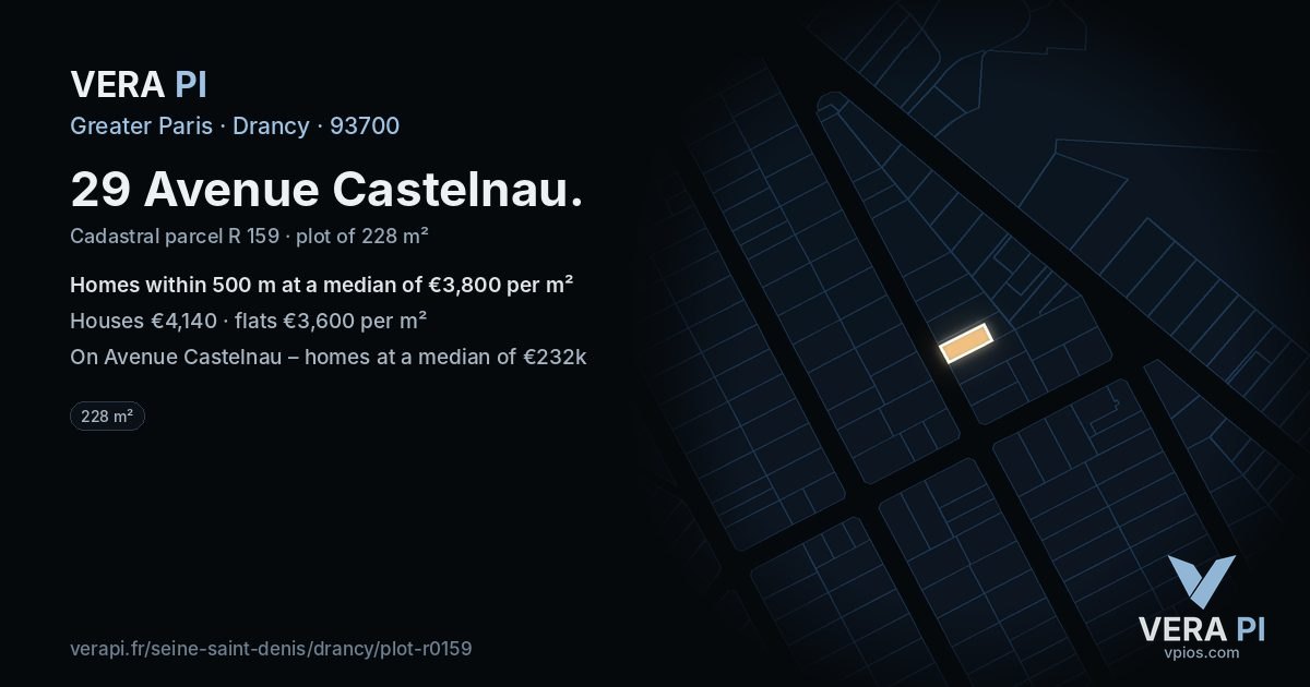 29 Avenue Castelnau, Drancy at night – the plot lit, the parcels around coloured by the prices near them